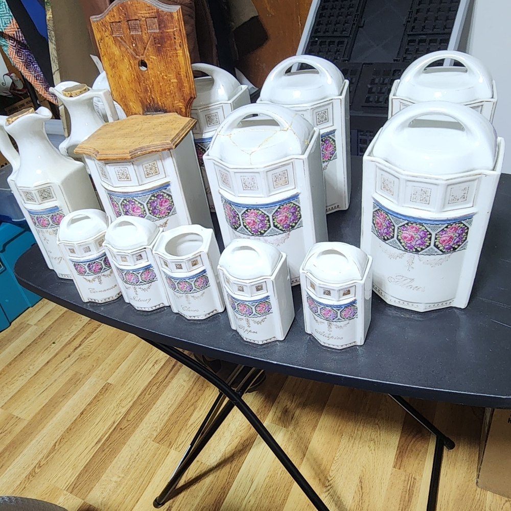 VINTAGE 1920 EUC GERMANY PORCELAIN 14 PIECE CANISTER SPICE OIL VINEGAR SALT JARS